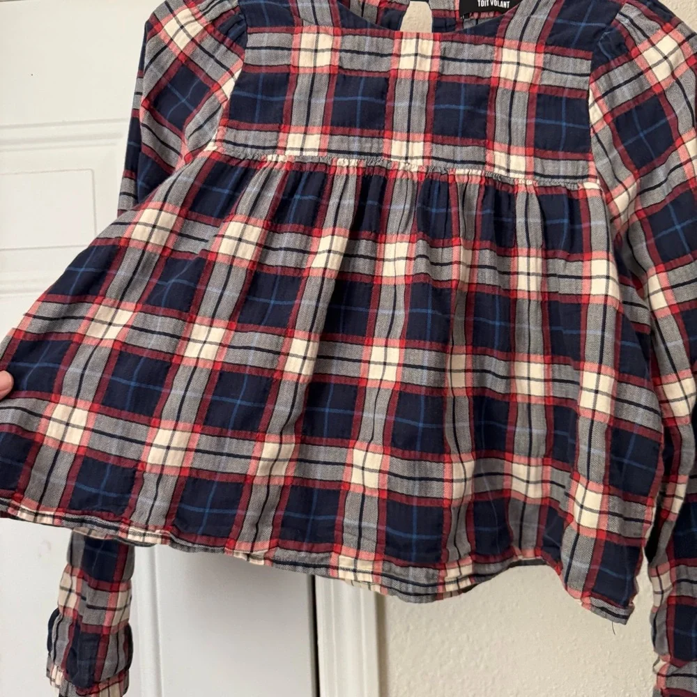 TOIT VOLANT navy red‎ ivory plaid babydoll long sleeve cropped boxy blouse shirt